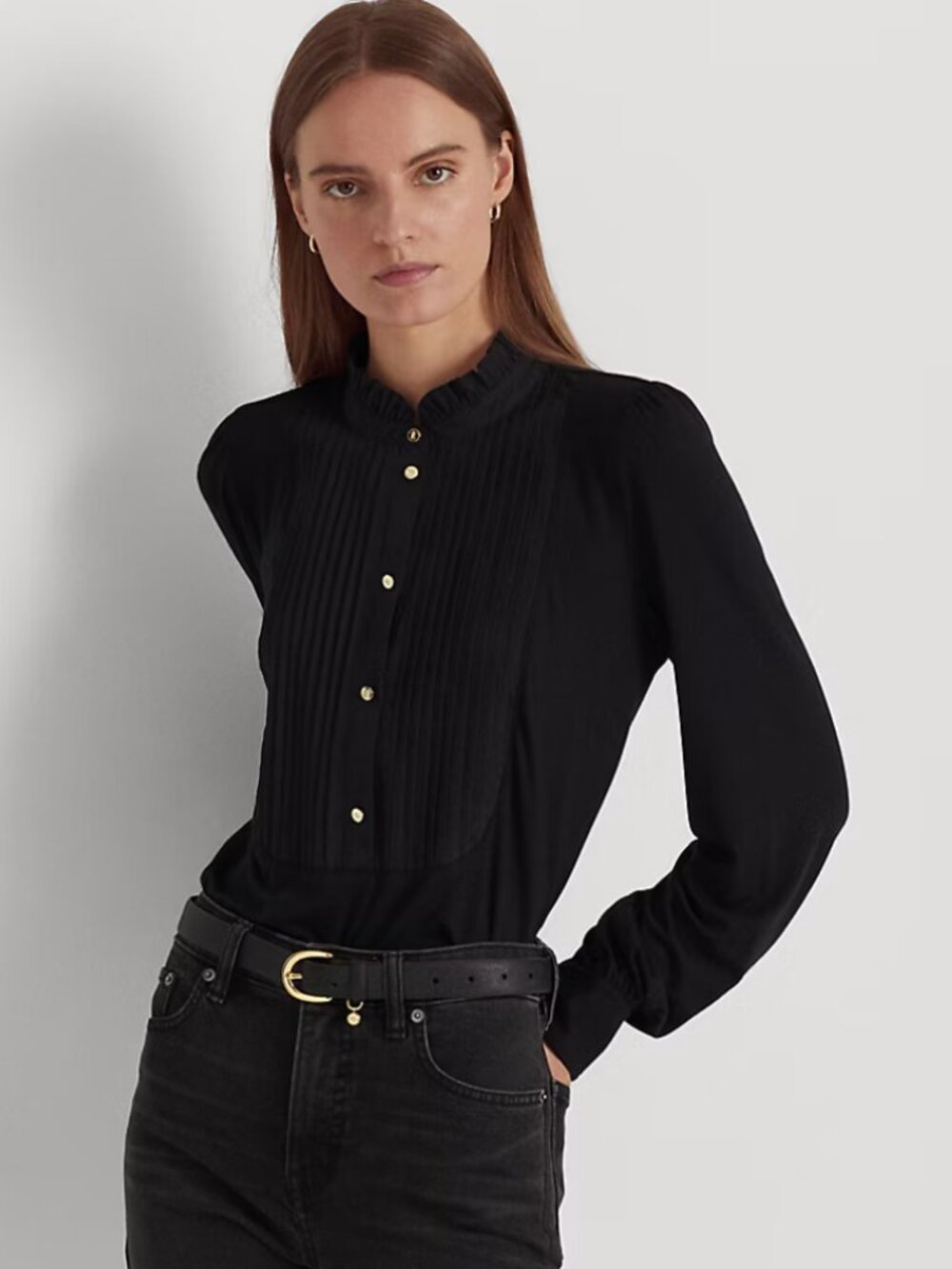 Lauren Ralph Lauren Black Bib-Front Jersey Tuxedo Shirt Ruffle M